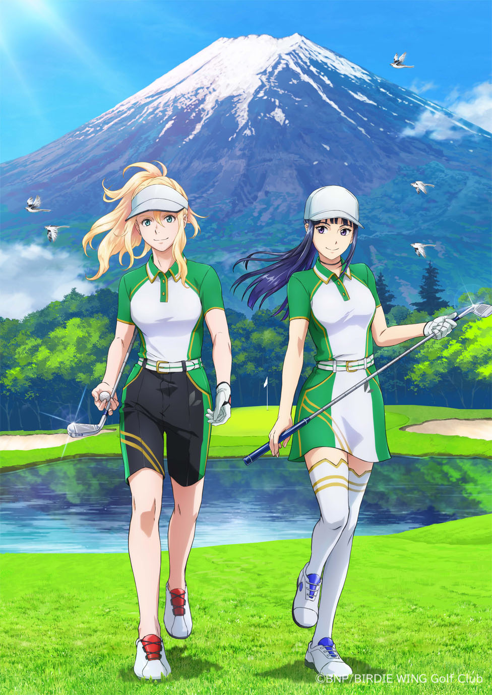 The two main characters from Birdie Wing, an original anime on women's golf created by Bandai Namco Pictures and HTC VIVERSE, playing golf.