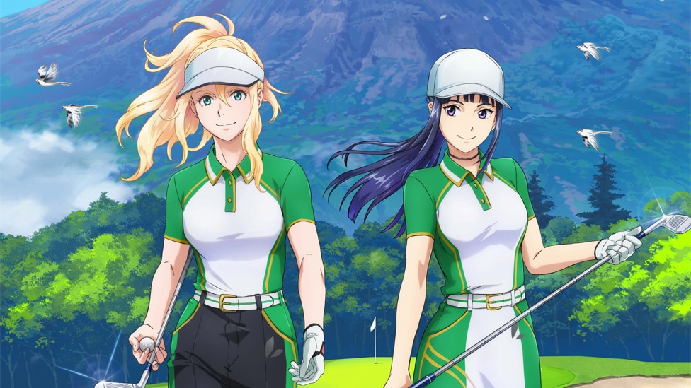 The two main characters from Birdie Wing, an original anime on women's golf created by Bandai Namco Pictures and HTC VIVERSE, playing golf.